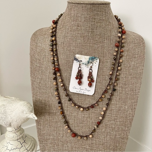 ARTISAN Necklace Jasper Mix on Chocolate Long Crocheted Wrap and Earrings Set - Picture 2 of 15